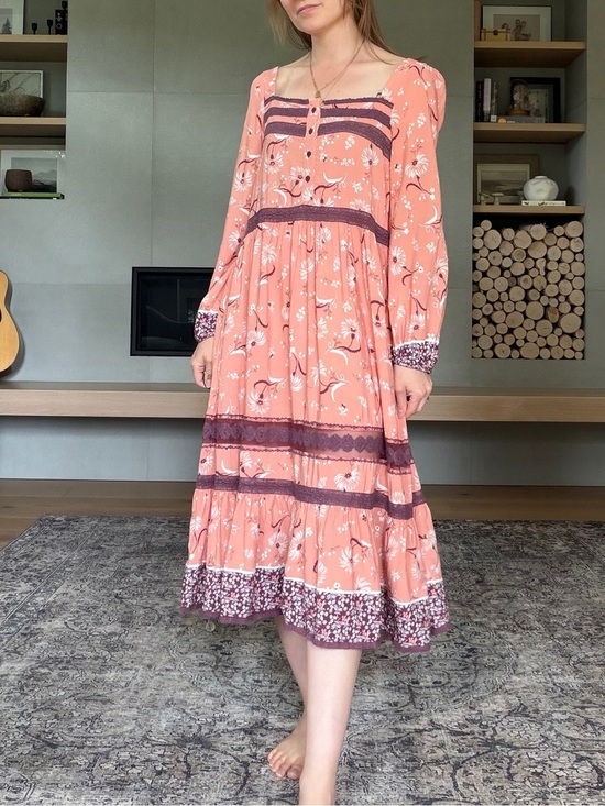 Jaase Dresses & Skirts - Jaase NWT boho pink Peach Midi Dress with Long Sleeves tiered skirt medium